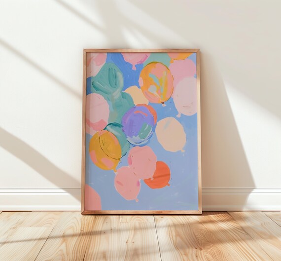 Colorful Balloons Pastel Sky Cheerful Nursery Kids Room Art Poster