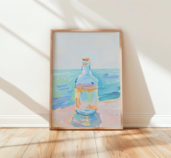 Watercolor Message In Bottle Wall Art Dreamy Pastel Nursery Print Blush Tones Ocean Scene Coastal Decor Beach 276