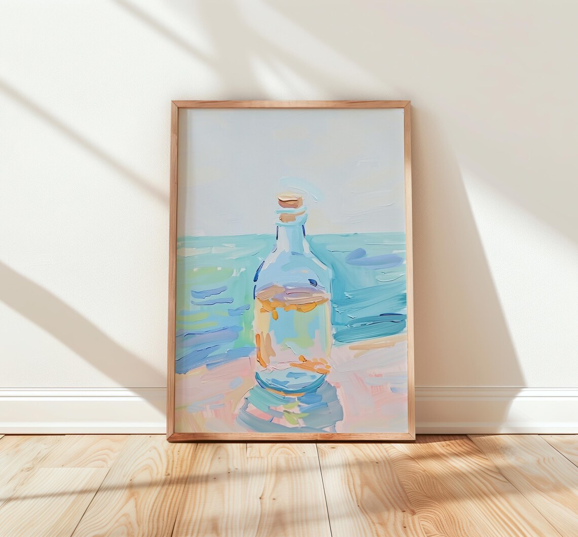 Pastel Glass Bottle by the Sea Coastal Still Life Art Poster