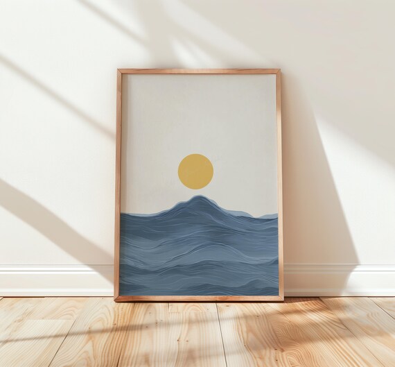 Golden Sun Rising Over Layered Blue Ocean Waves Minimalist Print