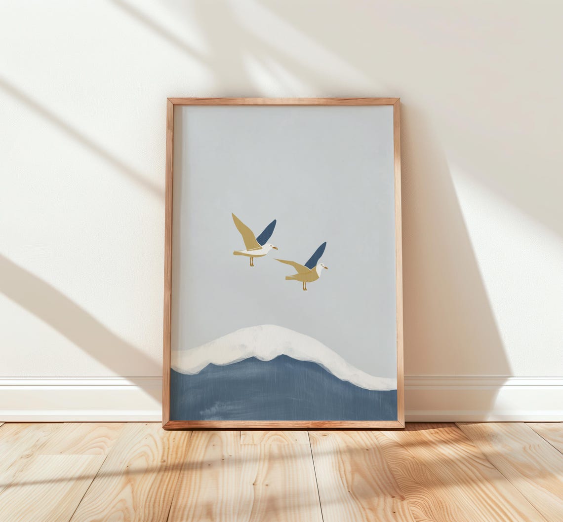 Two Seagulls Over Ocean Waves Minimalist Blue Nursery Poster