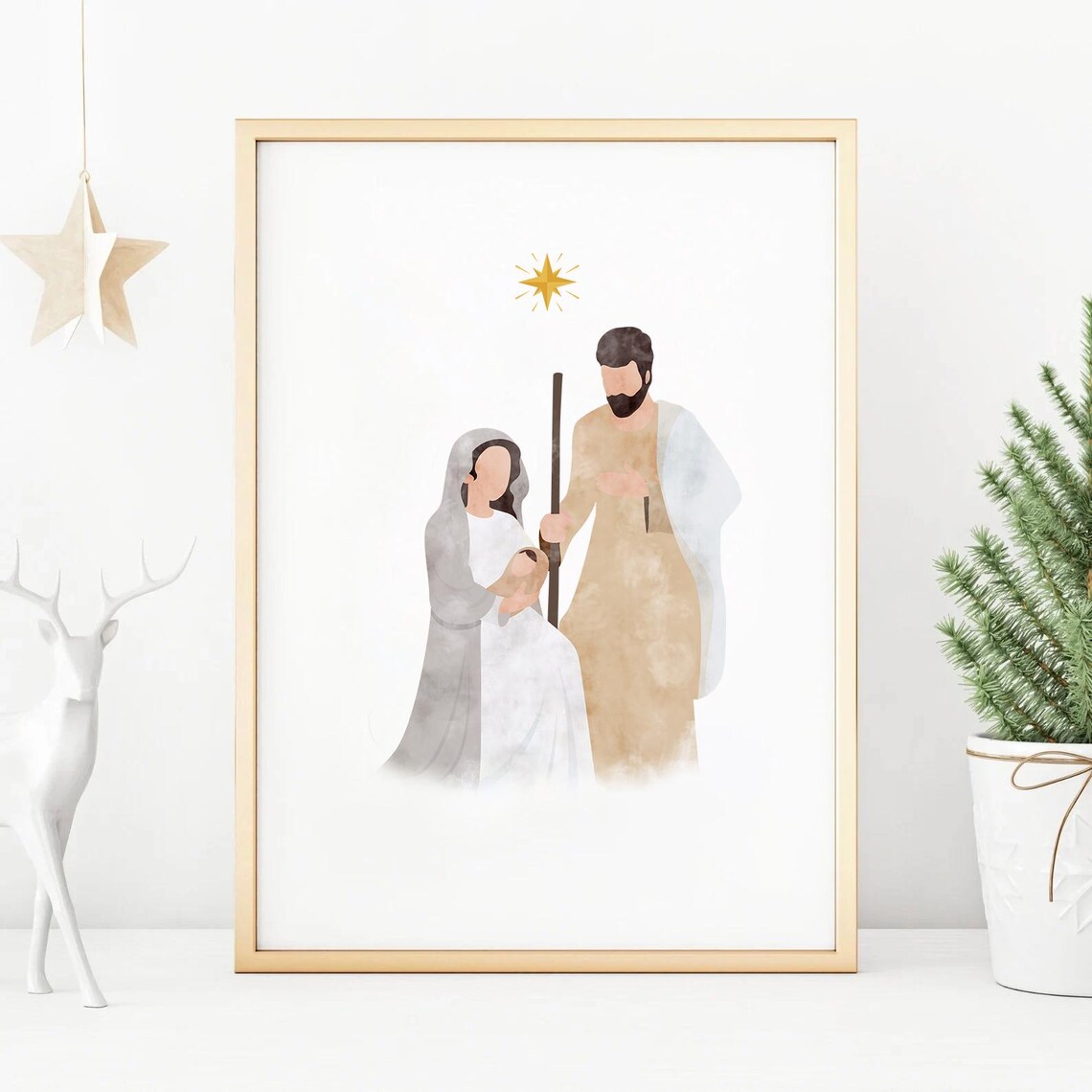 Holy Family Nativity With the Star of Bethlehem Watercolor Poster
