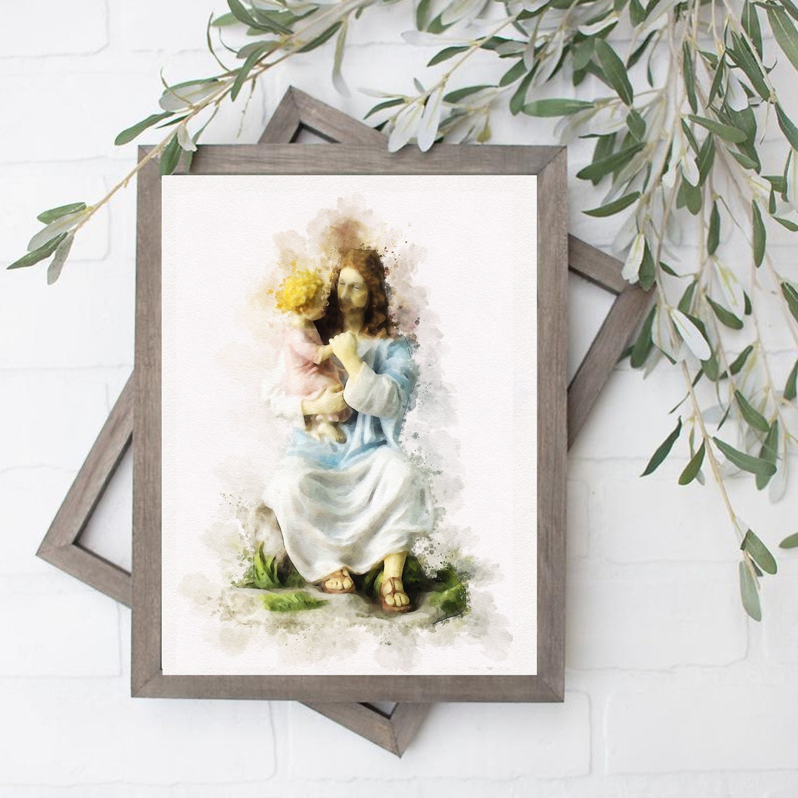 Watercolor Jesus Seated Outdoors Holding Children Close Poster