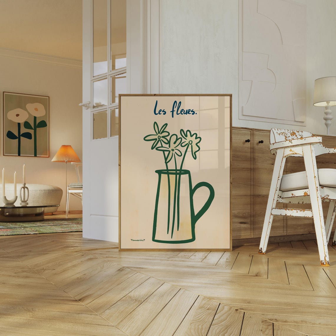 Les Fleurs Green Line Art Flowers in Jug French Botanical Wall Art - Image 2