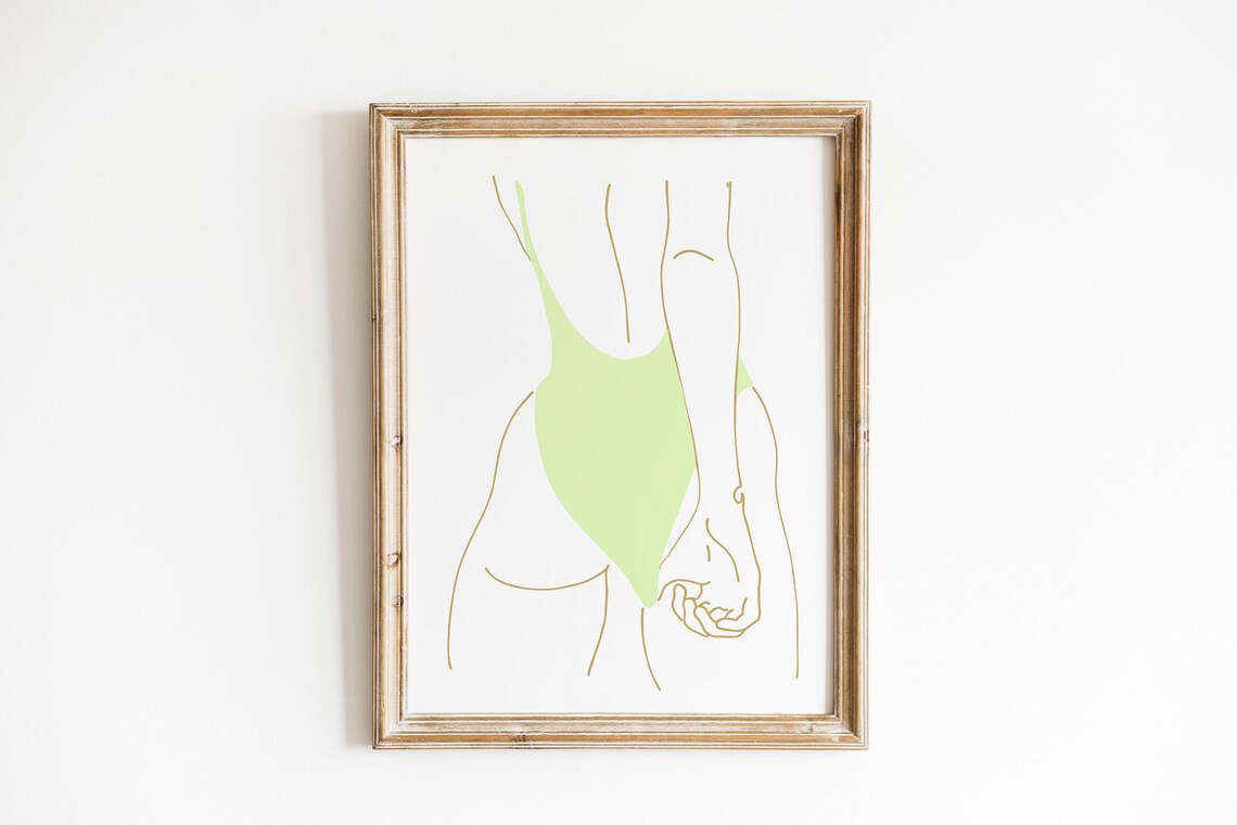 Elegant Woman in Green Swimsuit Minimalist Gold Line Art Poster