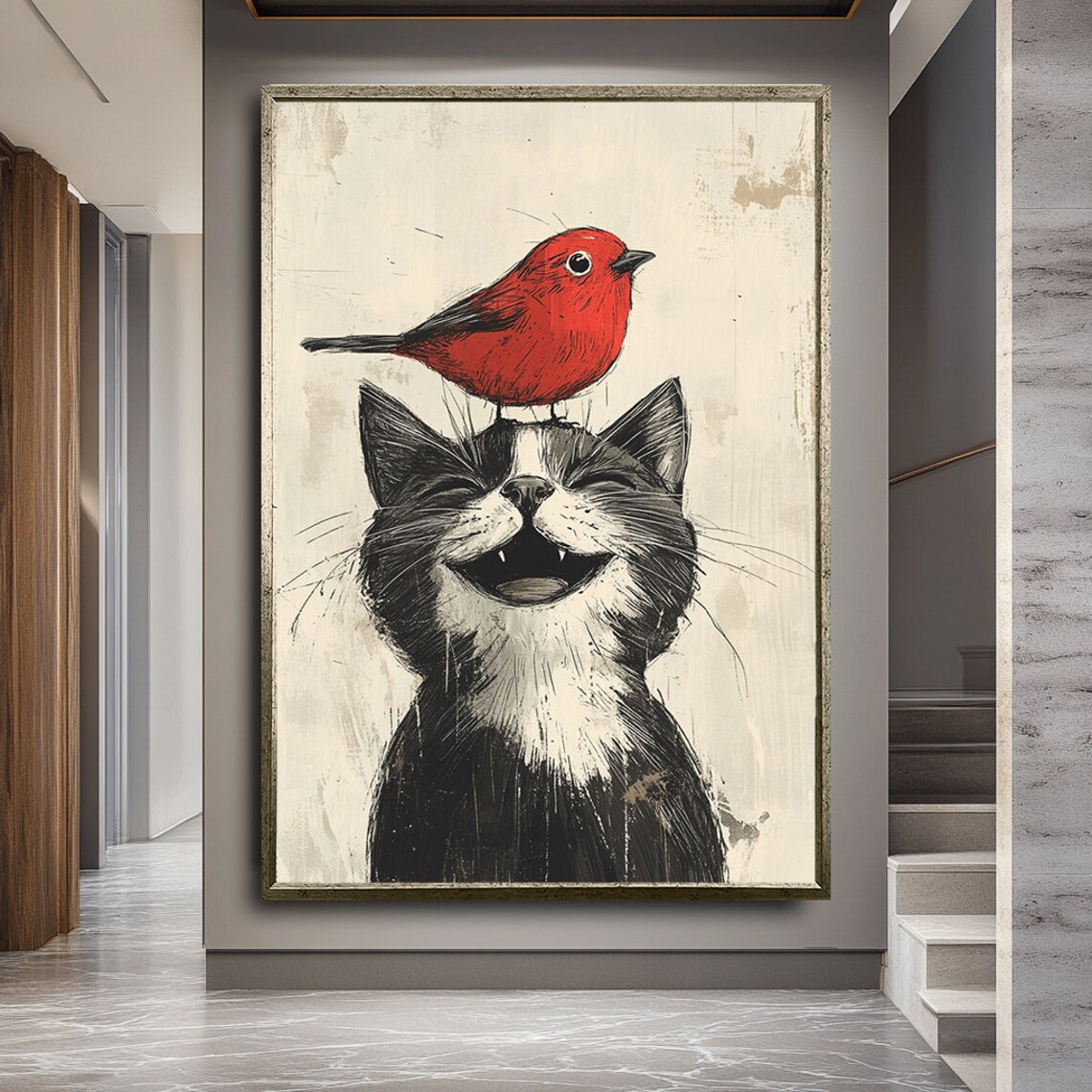 Grinning Black Cat With Red Bird On Head Whimsical Distressed Art Poster