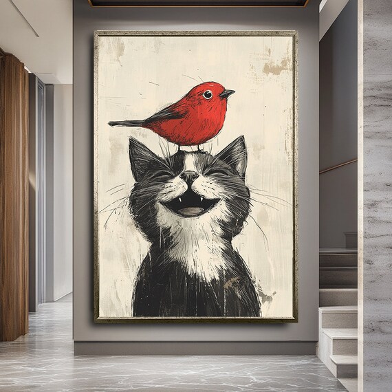 Grinning Black Cat With Red Bird On Head Whimsical Distressed Art Poster