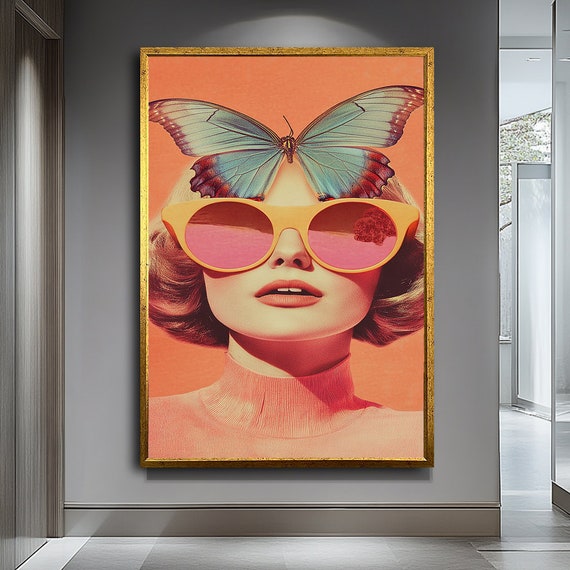 Retro Woman With Butterfly Art Vintage Style Pop Art Colorful Portrait Wall Decor Modern Feminine Artwork For Living Room