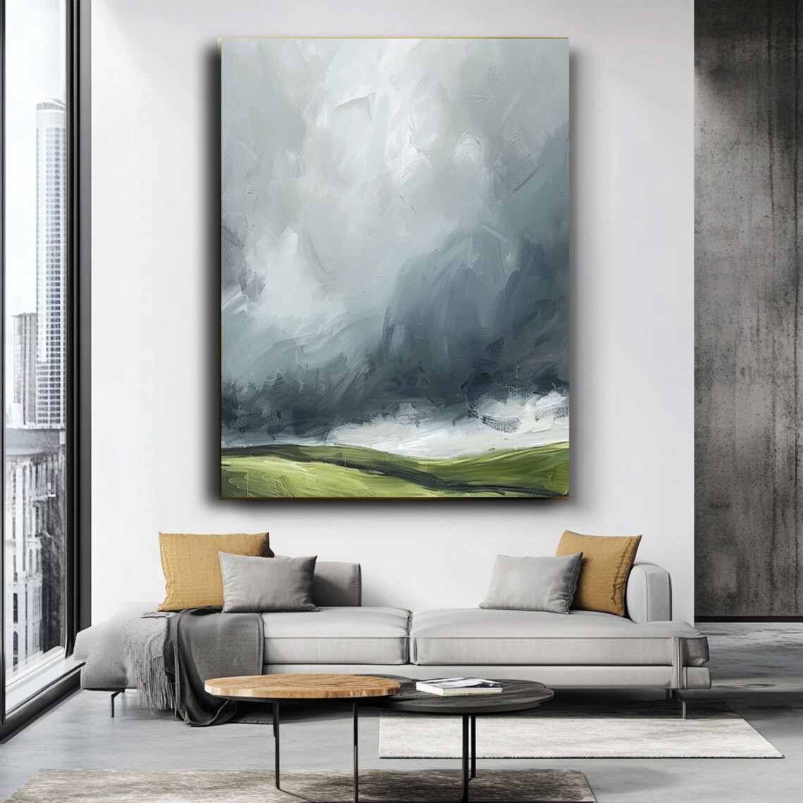 Moody Cloudy Sky Green Hills Loose Landscape Painting Poster - Image 3