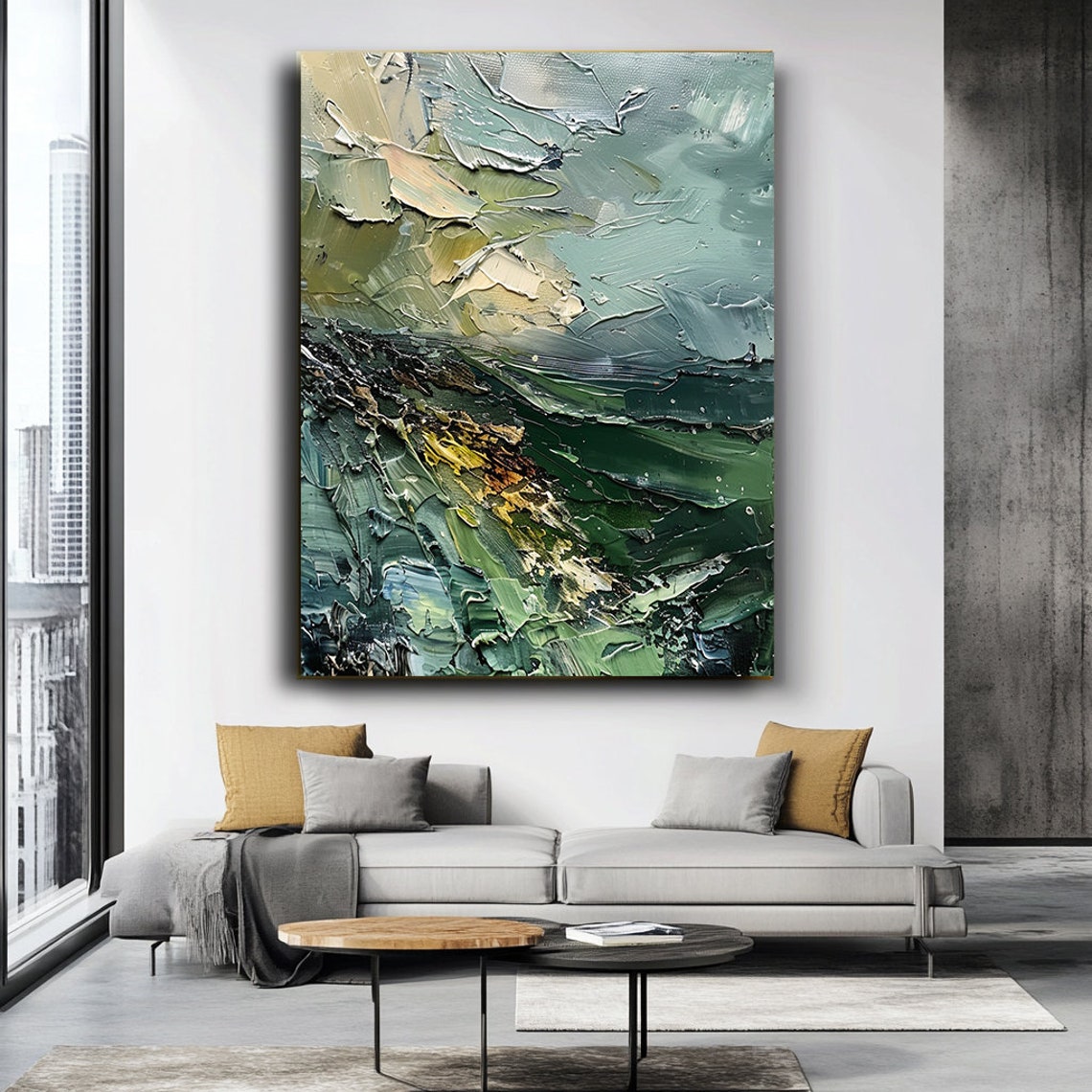 Green Blue Impasto Wave Thick Textured Oil Painting Art Poster - Image 3