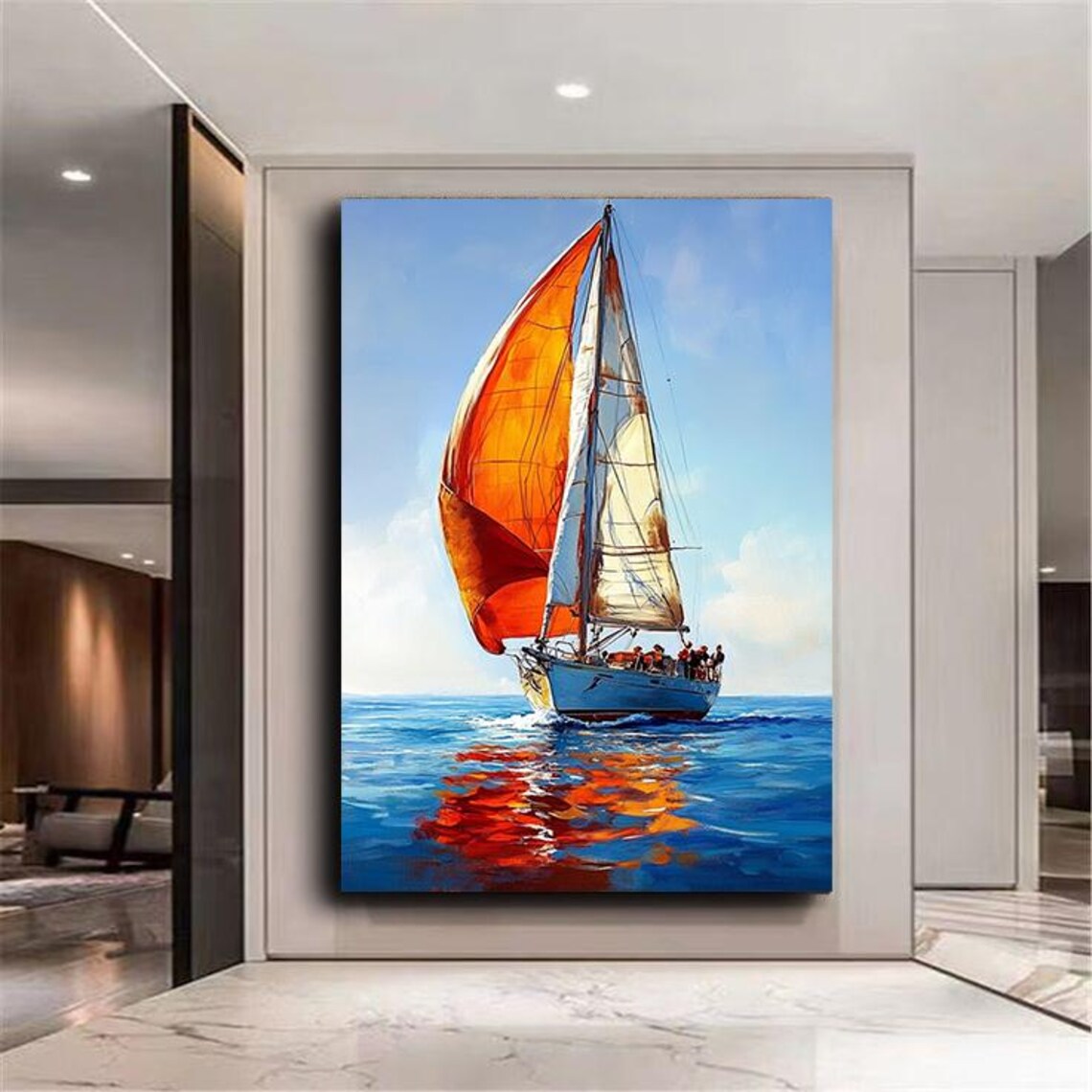 Sailing Boat Orange Sails Blue Ocean Waves Vibrant Nautical Art Poster - Image 3