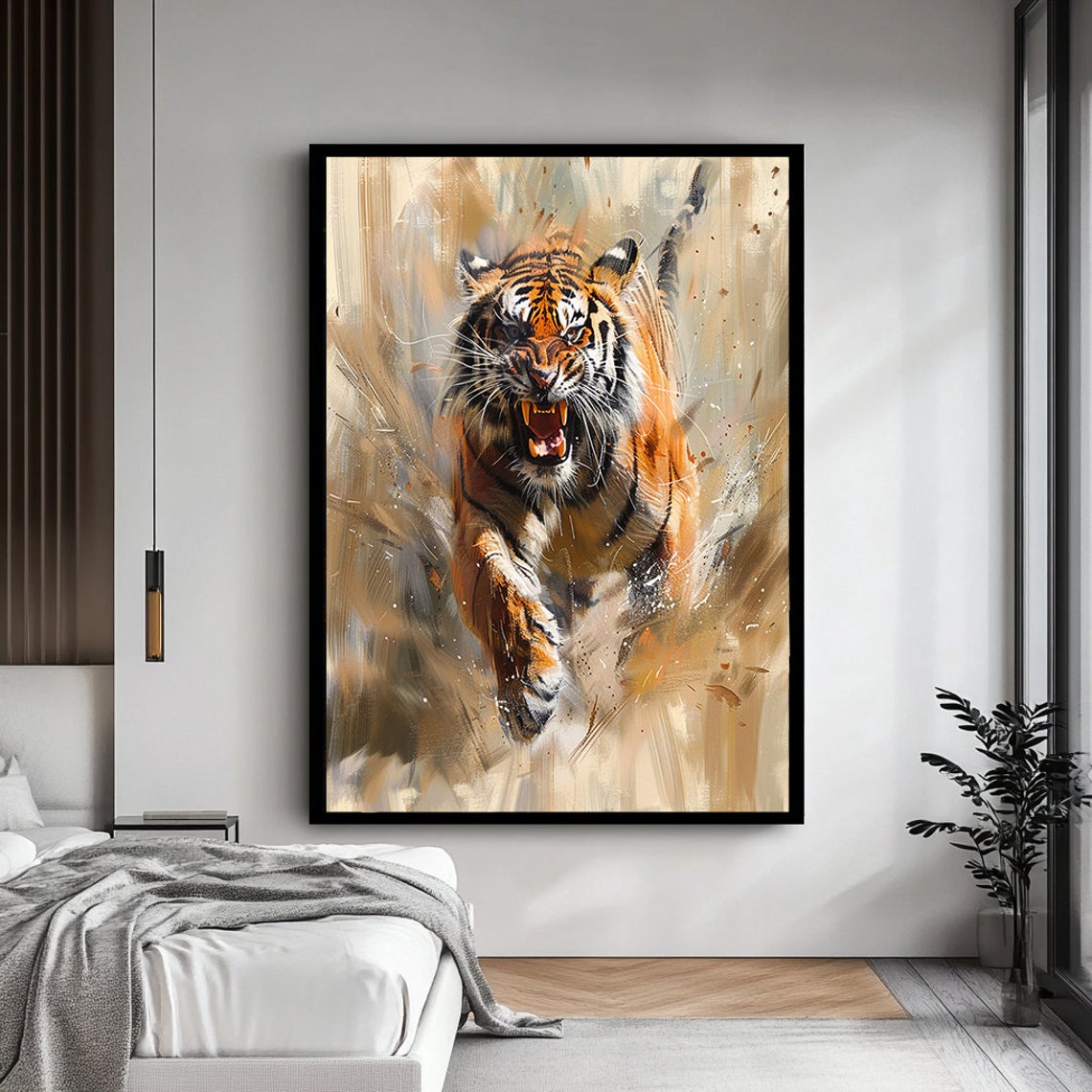 Fierce Snarling Tiger Charging Powerful Wildlife Action Art Poster - Image 4