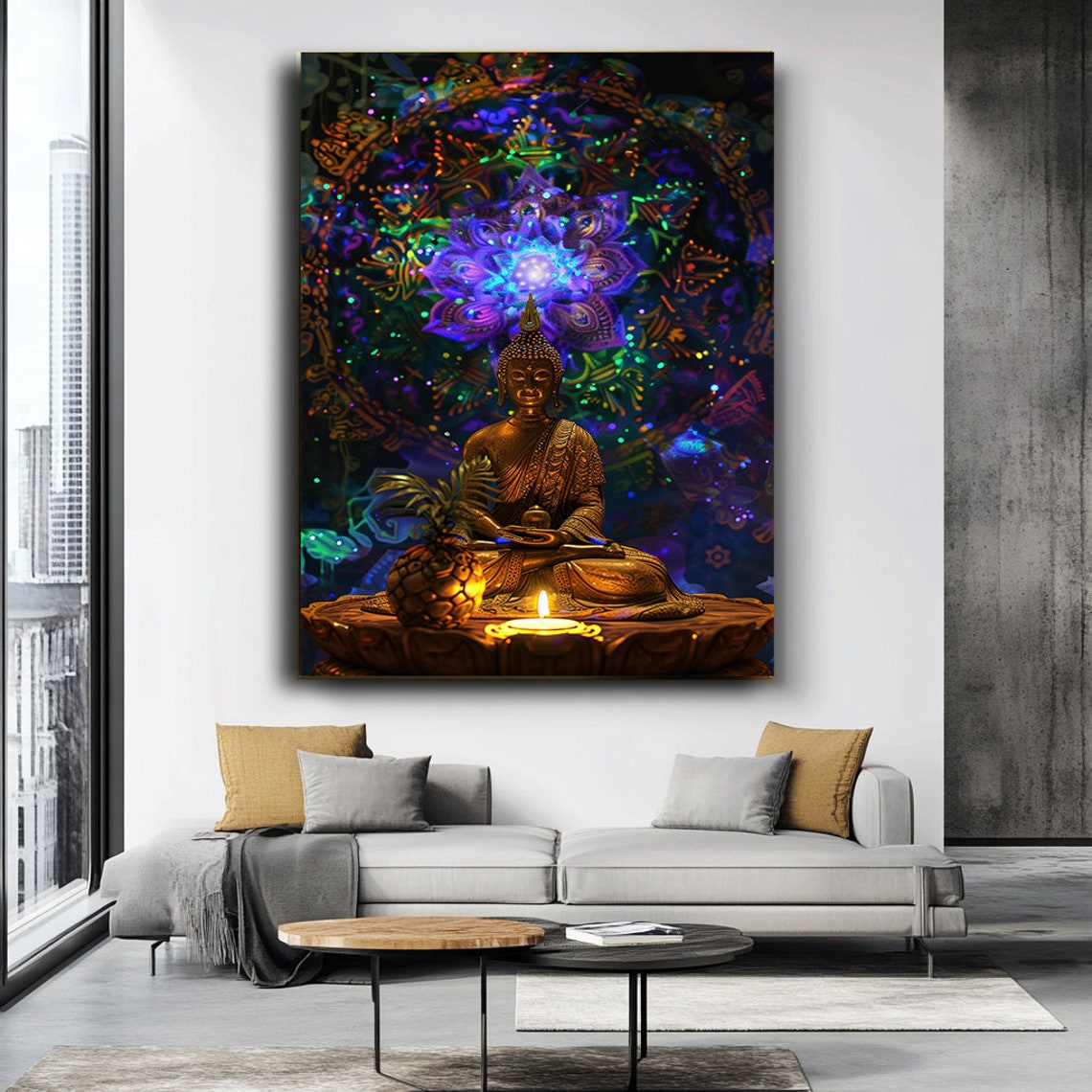 Golden Buddha Meditating Before Glowing Purple Mandala Zen Art Poster - Image 4