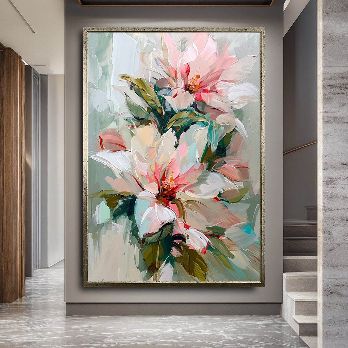 Pink White Flowers Abstract Oil Painting Soft Botanical Poster - Image 2
