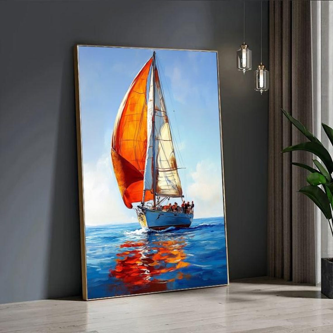 Sailing Boat Orange Sails Blue Ocean Waves Vibrant Nautical Art Poster