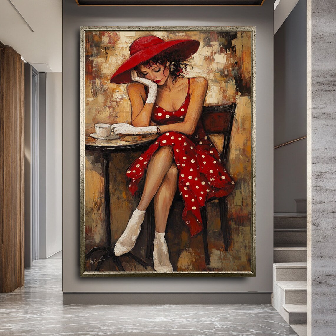 Elegant Woman in Polka Dot Dress, Glamour Art Print