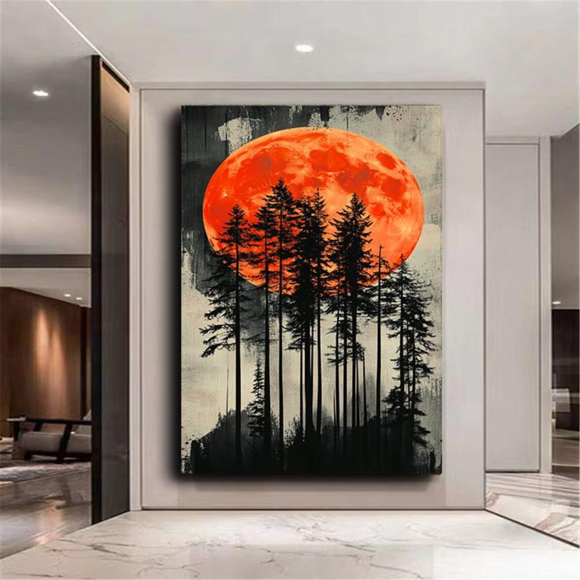 Red Blood Moon Rising Over Pine Forest Silhouette Night Sky Art Poster - Image 2