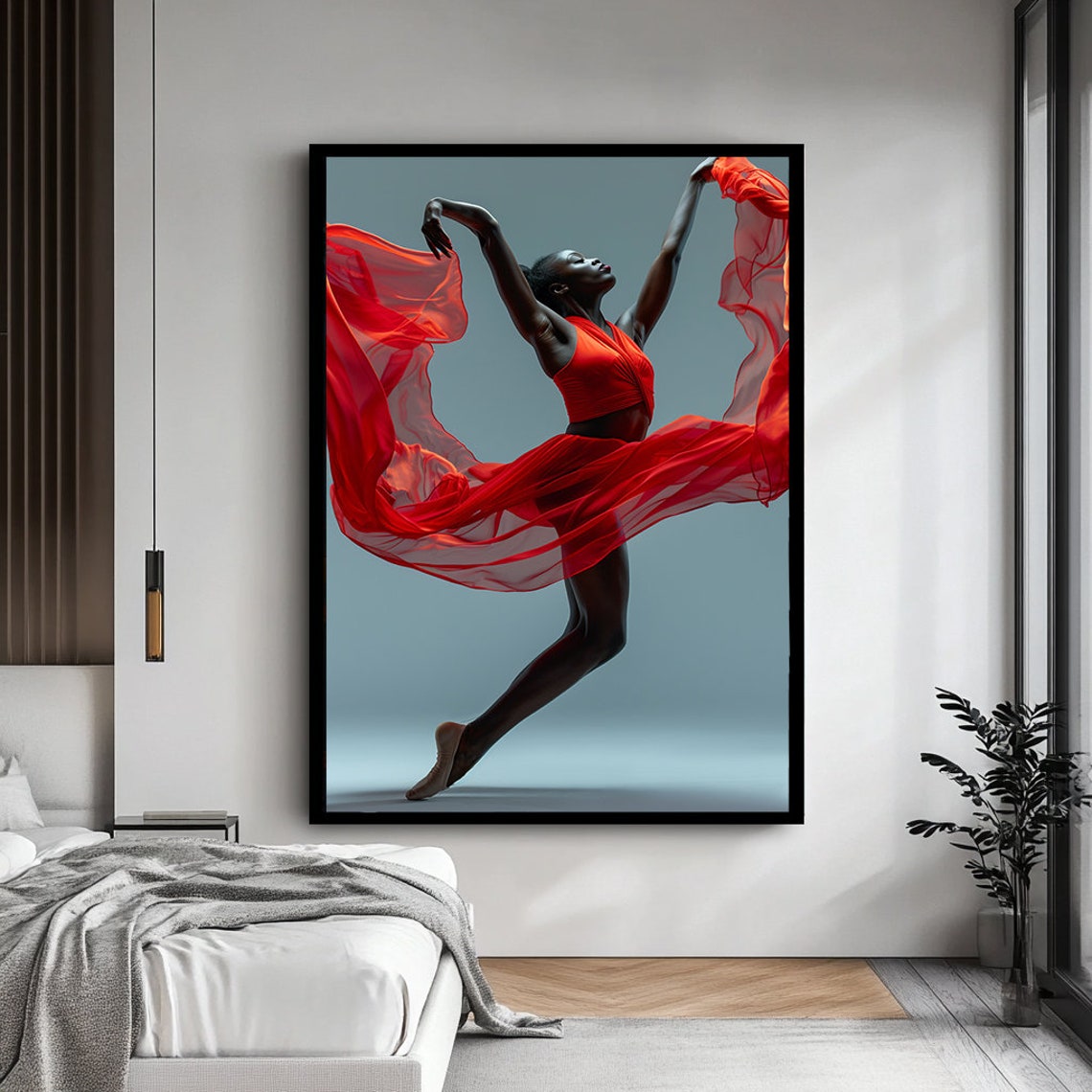 African Ballerina Flowing Red Gown Dynamic Ballet Leap Poster - Image 4