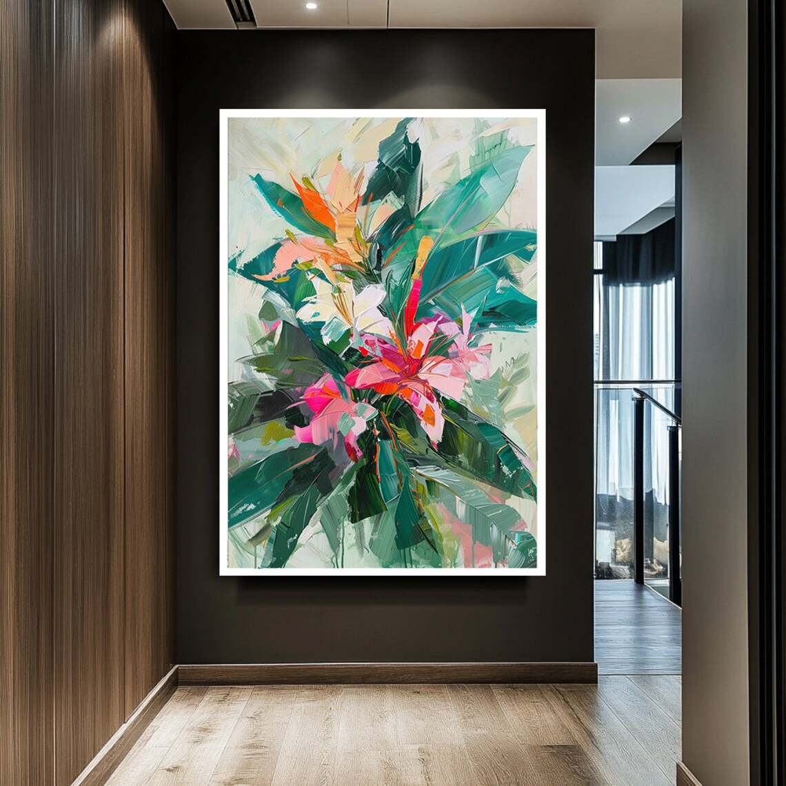 Vibrant Pink Orange Tropical Flowers With Teal Leaves Abstract Poster - Image 2