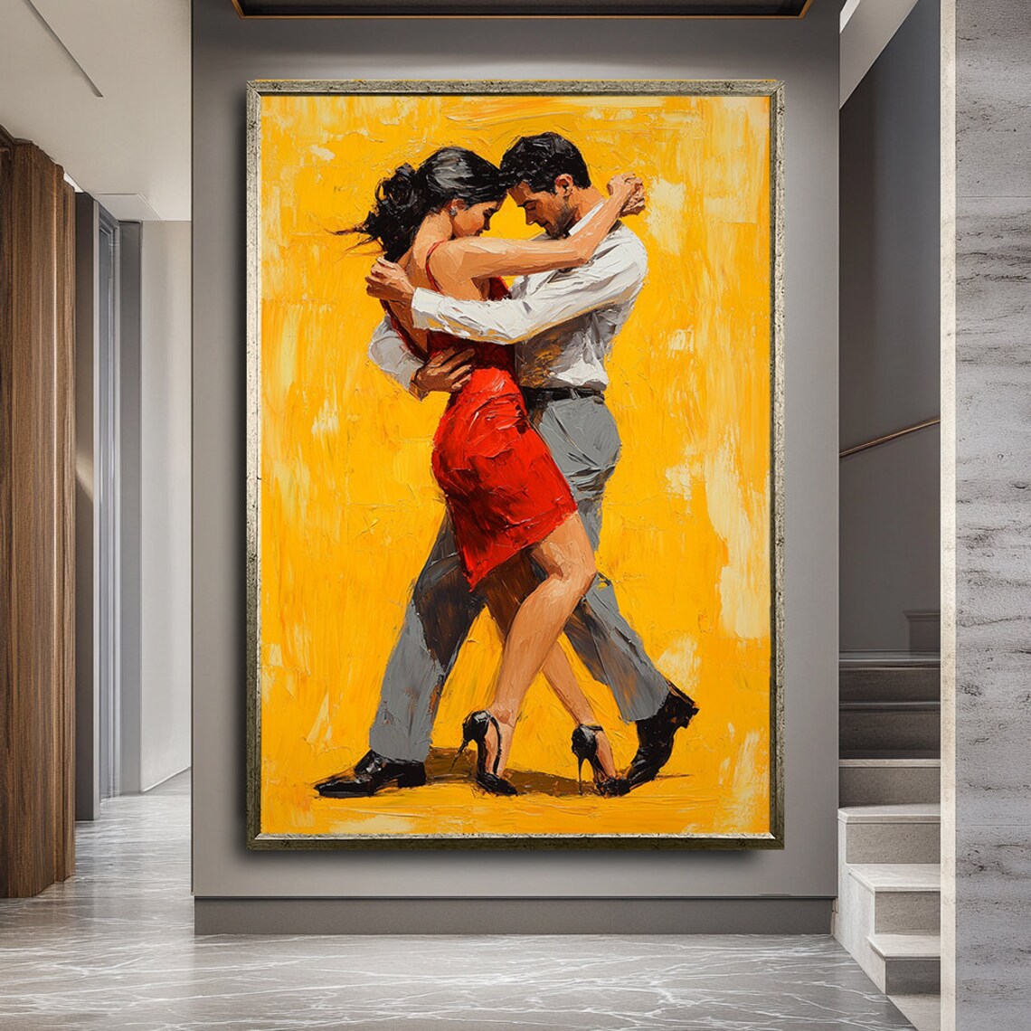Tango Dancing Couple Red Dress Golden Background Passionate Dance Art Wall Poster - Image 2