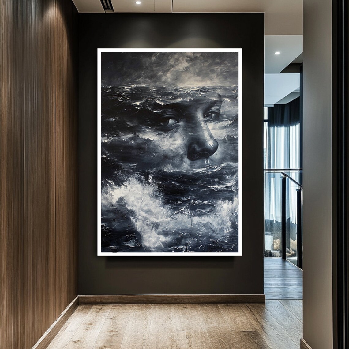 Ocean Waves Man Face Surreal Monochrome Sea Portrait Art Poster - Image 2