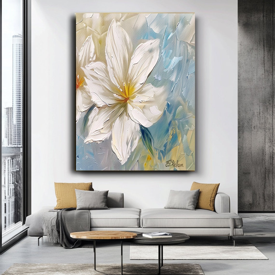 White Flower Impasto Painting Soft Blue Background Wall Art Poster - Image 3