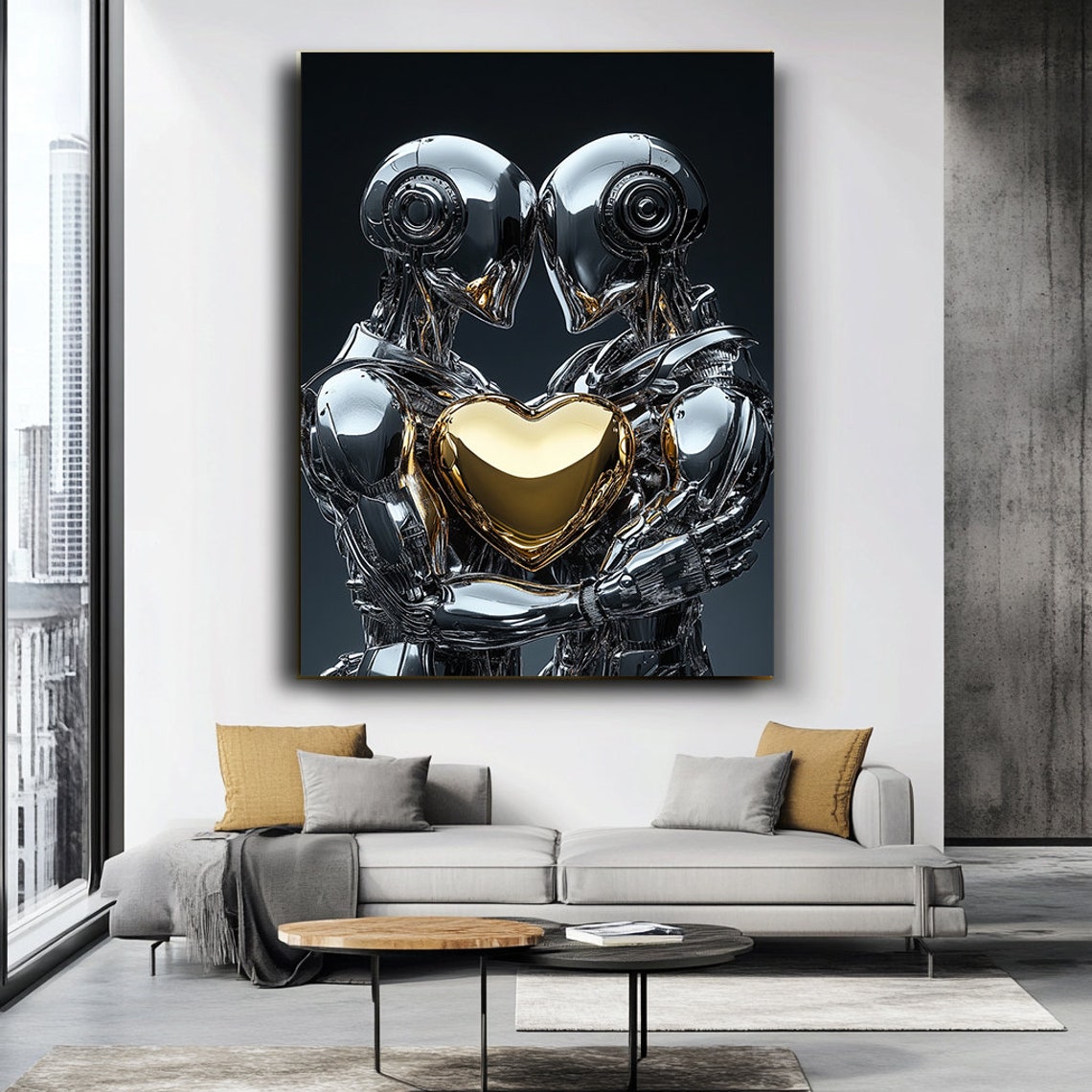 Two Chrome Robots Embracing Holding A Golden Heart Sci Fi Love Poster - Image 2