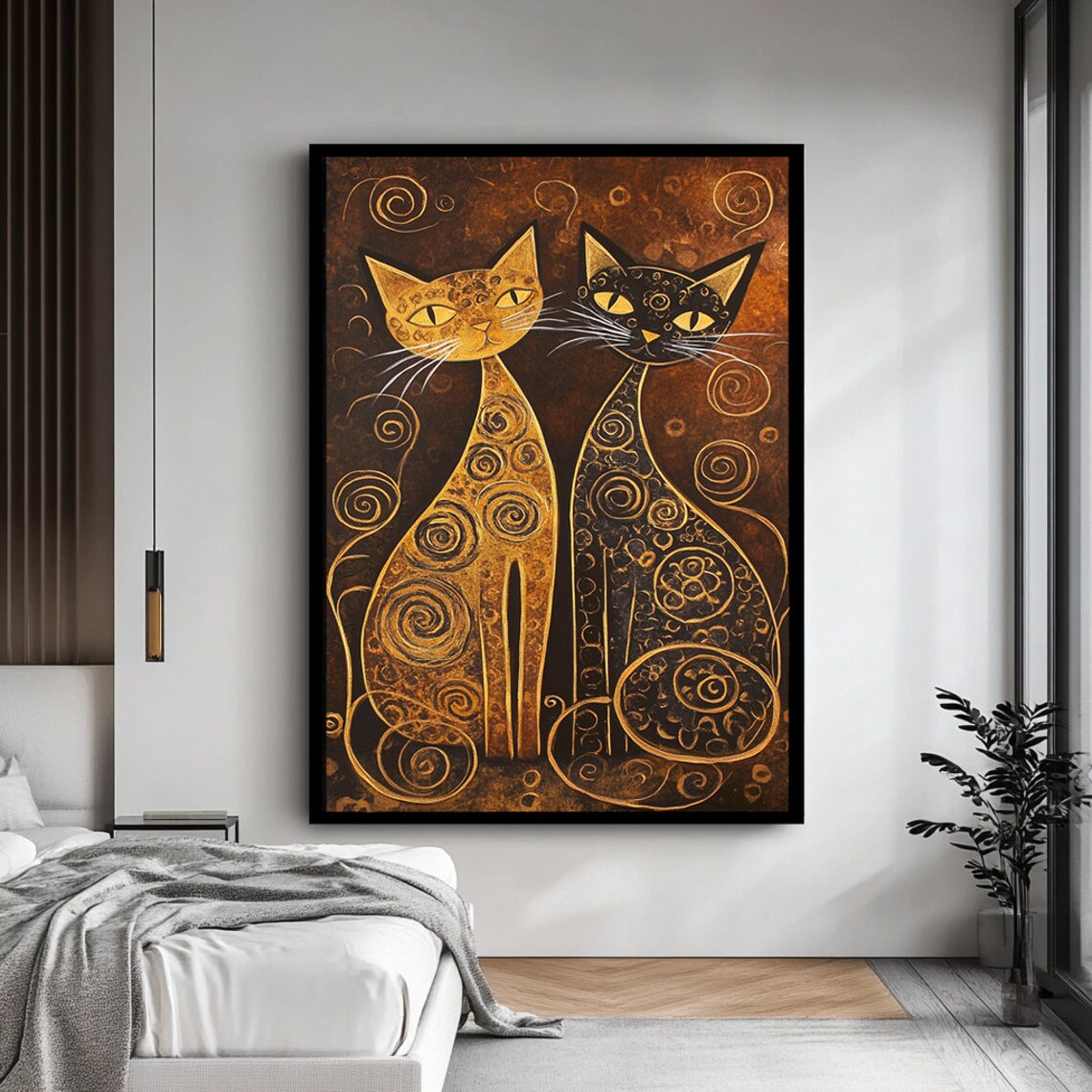 Two Stylized Gold And Black Cats With Spiral Patterns Decorative Poster - Image 4
