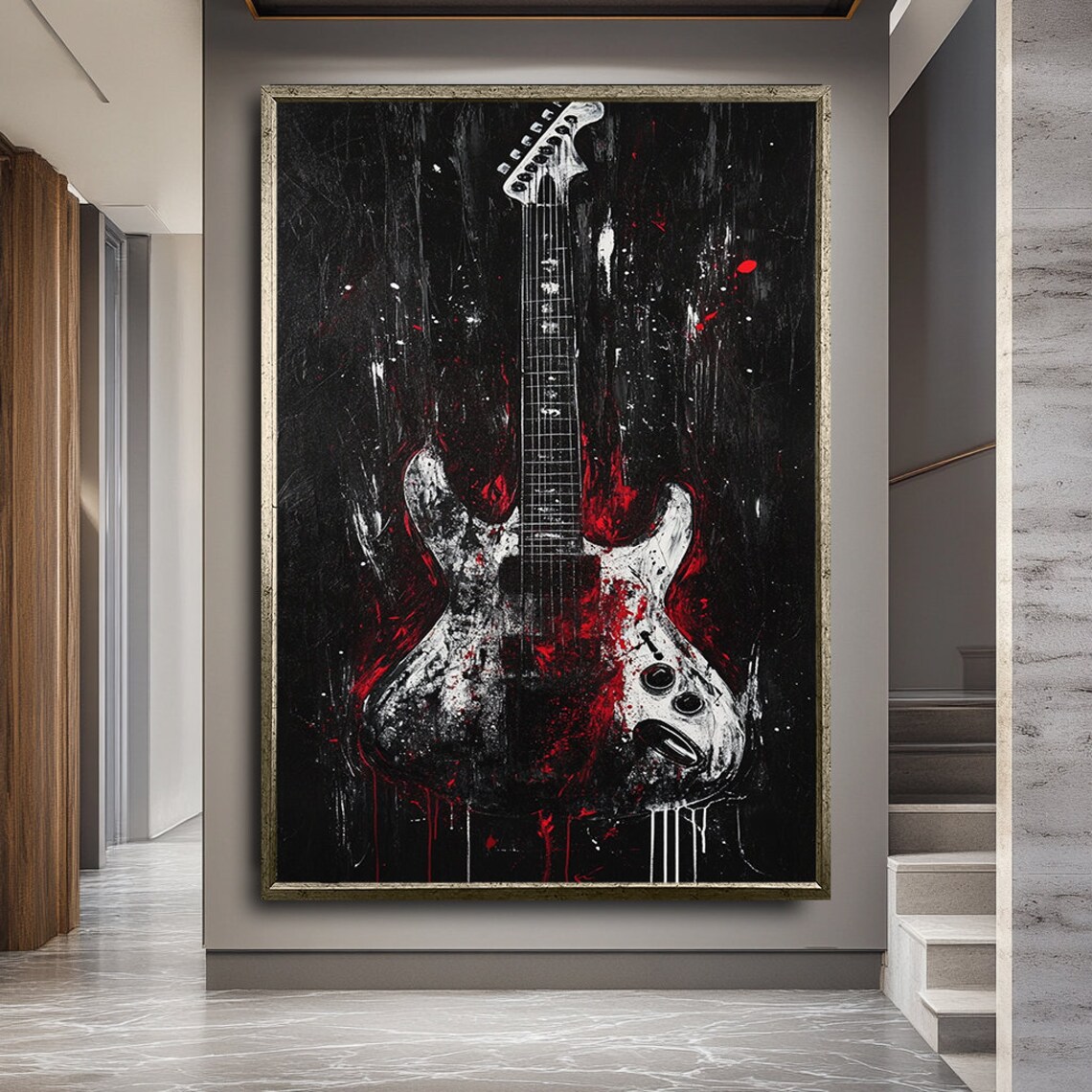 Abstract Electric Guitar White Red Splatter Black Background Music Art Poster - Image 2