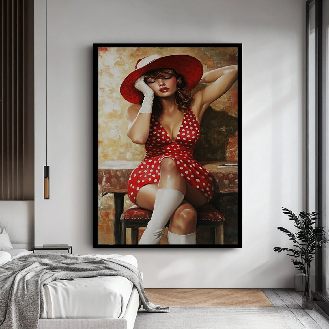 Retro Pin Up Woman Red Polka Dot Dress Red Hat Vintage Glamour Wall Poster - Image 4