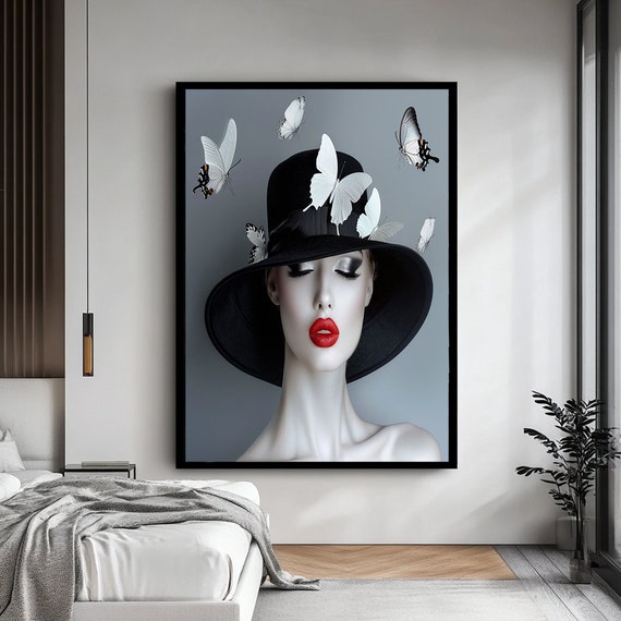 Whimsical Woman Art Hat And Butterflies Art Dreamy Feminine Portrait Print Surreal Butterfly Wall Art Modern Fantasy Decor
