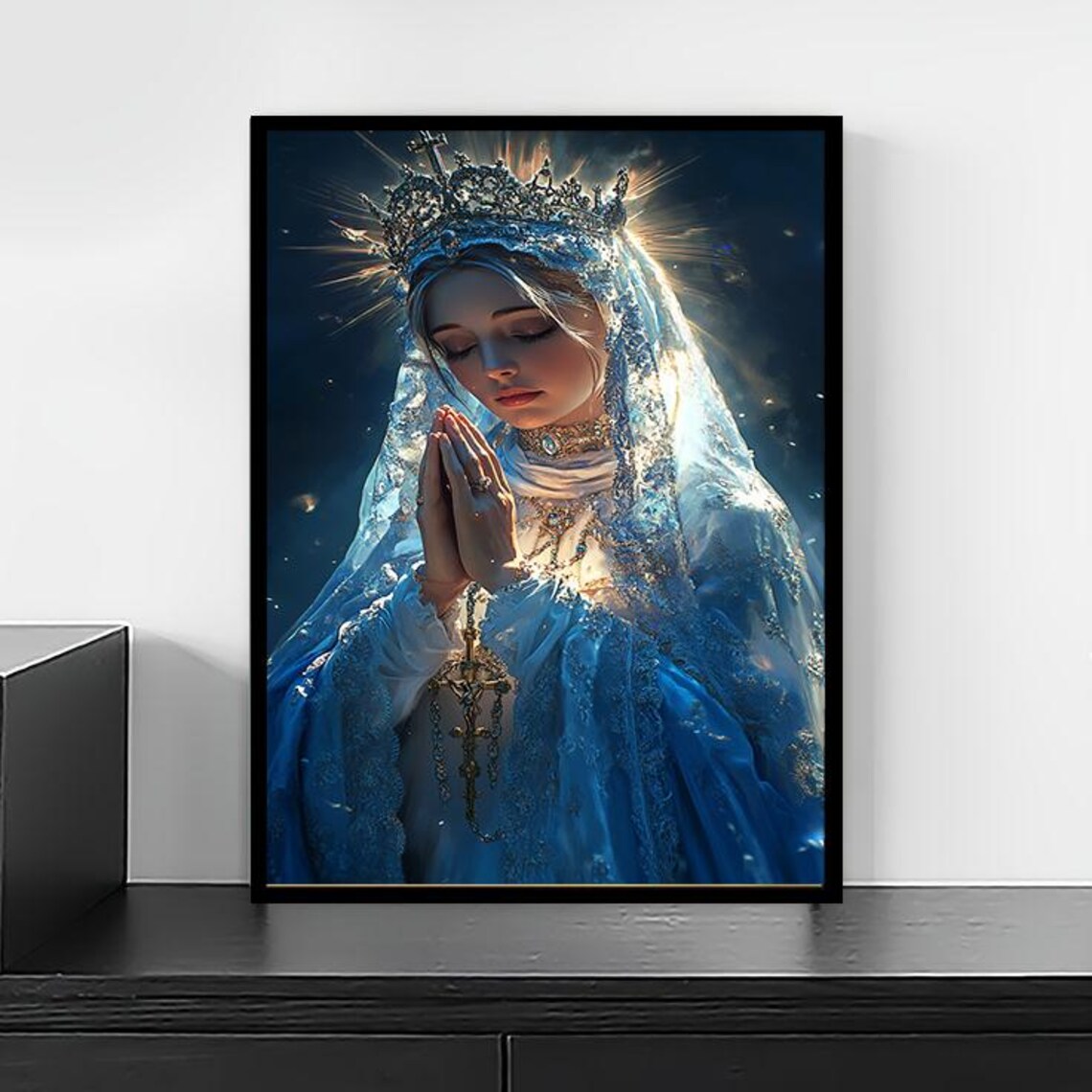 Virgin Mary Praying Crowned Blue Veil Glowing Halo Religious Art Poster - Image 2