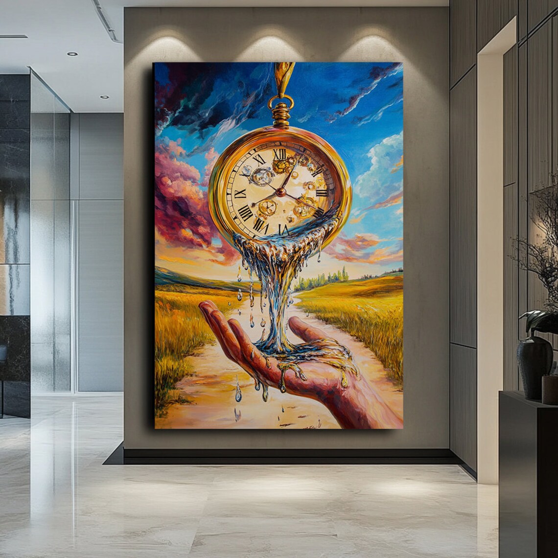 Melting Pocket Watch Pouring Water Into Hand Surreal Time Art Poster
