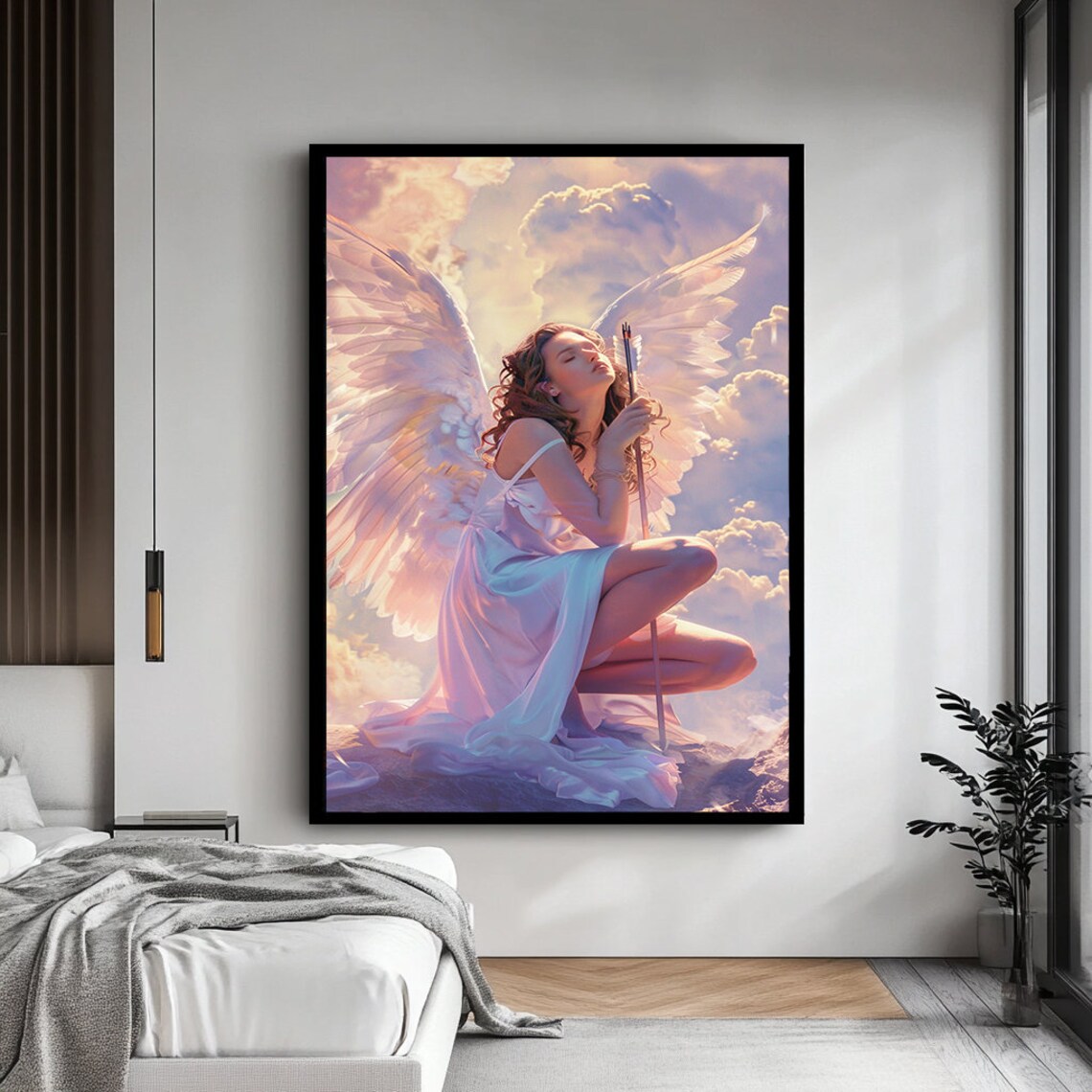 Guardian Angel With White Wings Kneeling Among Heavenly Clouds Poster - Image 4