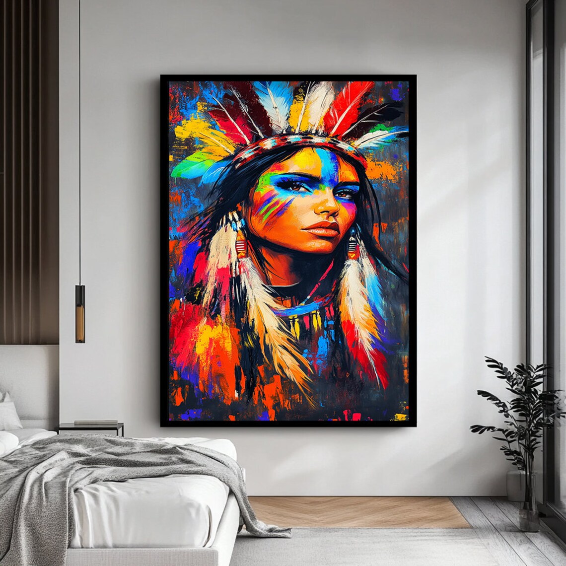 Native American Woman Feather Headdress Vibrant Colorful Portrait Art Poster - Image 4