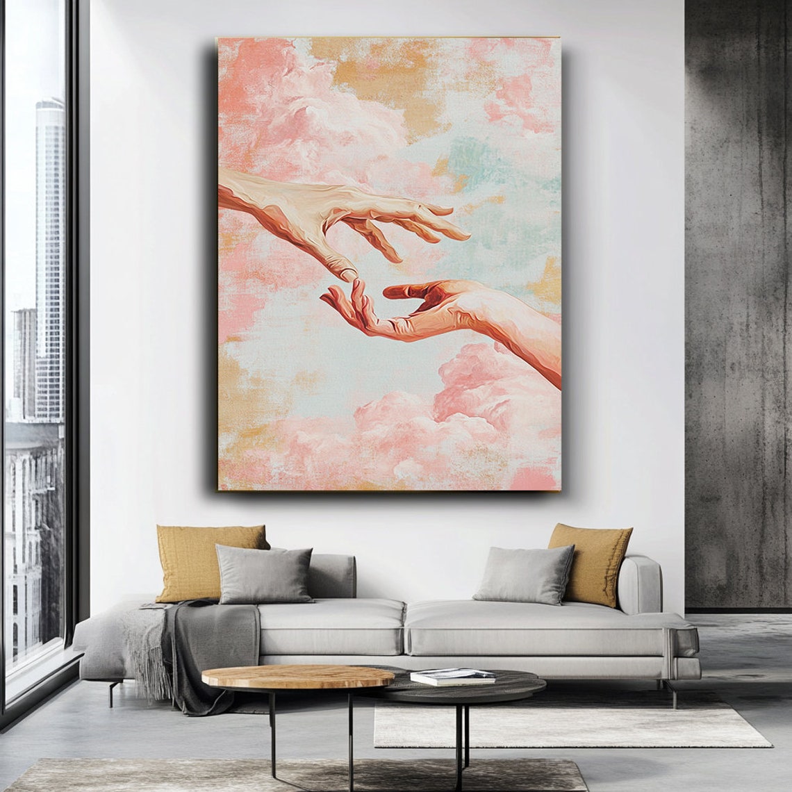Creation of Adam Style Hands Reaching Pastel Clouds Romantic Art Print - Image 3