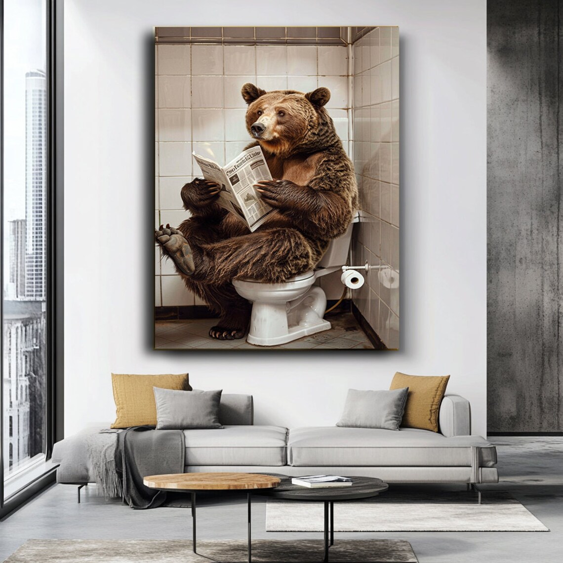Funny Bear Sitting On Toilet Reading Newspaper Humorous Bathroom Wall Art Poster - Image 4