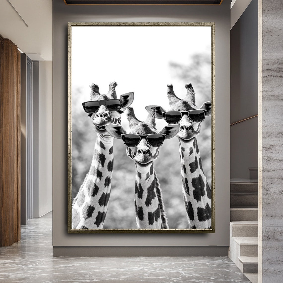 Three Giraffes Wearing Sunglasses Cool Black White Animal Poster - Image 2