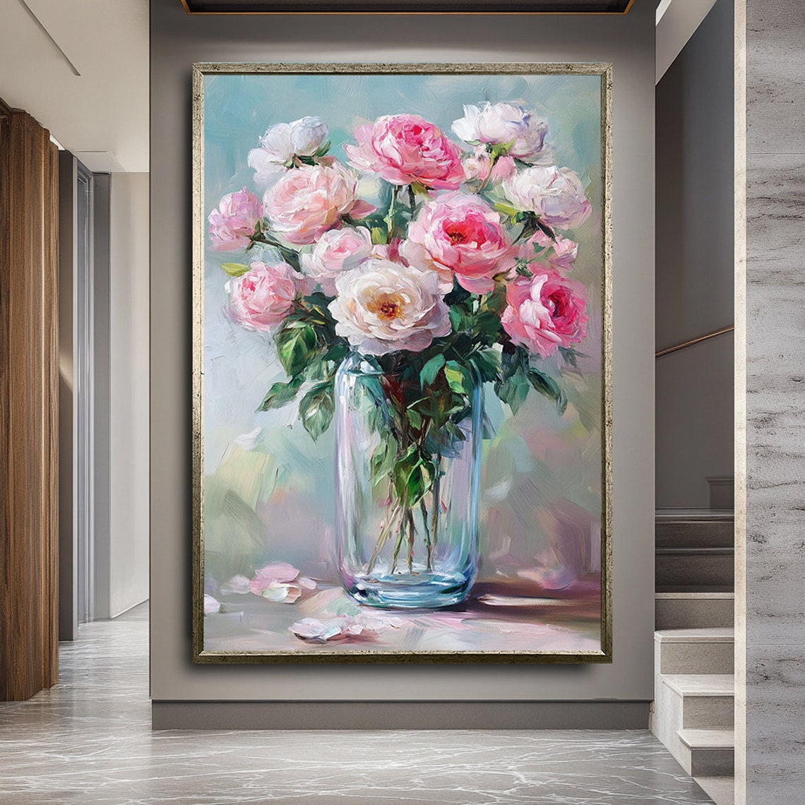 Pink White Roses In Glass Vase Against Teal Background Floral Poster - Image 3