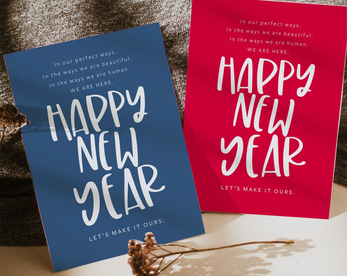 Happy New Year Greeting Cards Blue Red Typography Celebration Prints