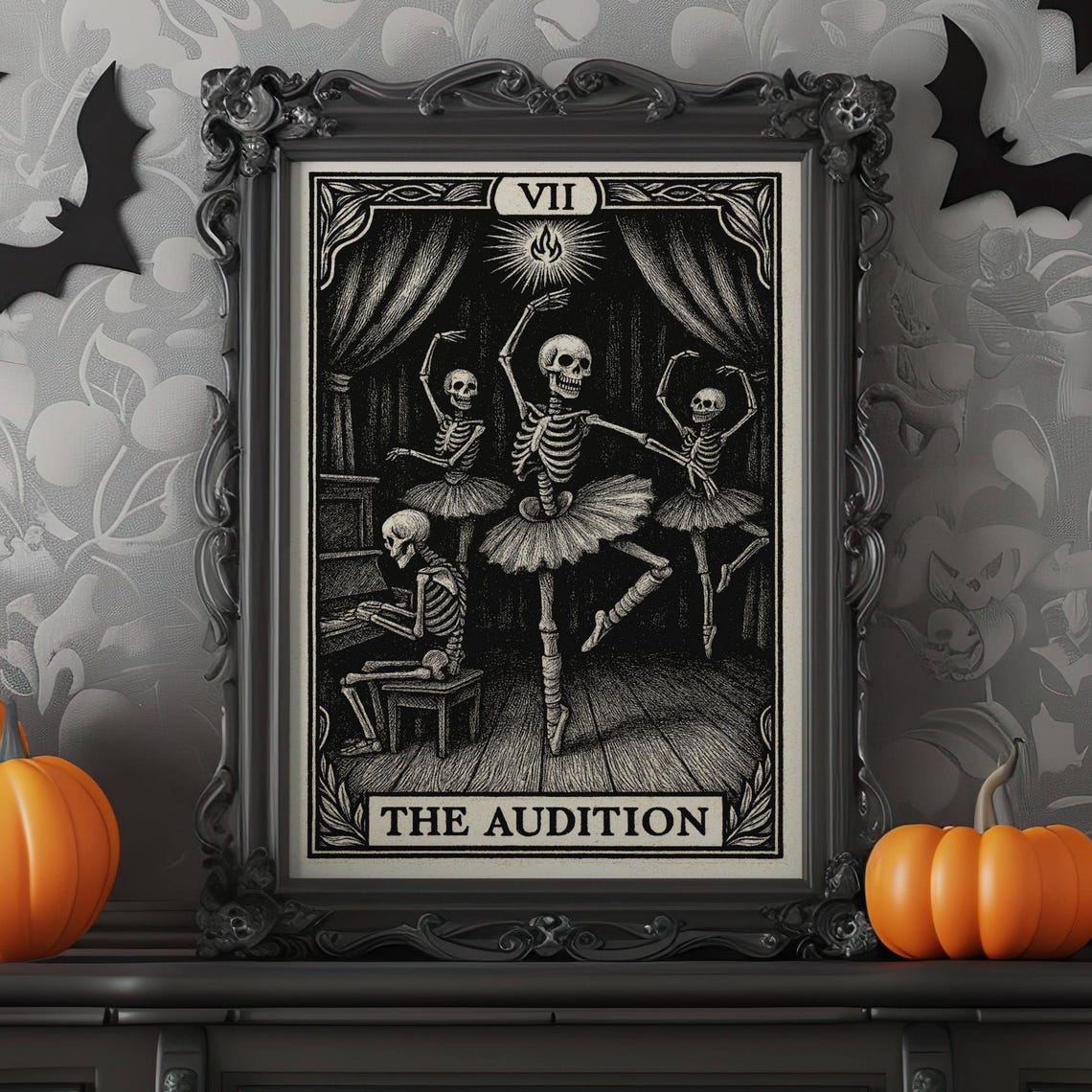 Funny Ballerina Tarot Card Wall Art Halloween Drama Class Poster Spooky Season Dance Studio Decor Gothic Dancing Skeleton Print