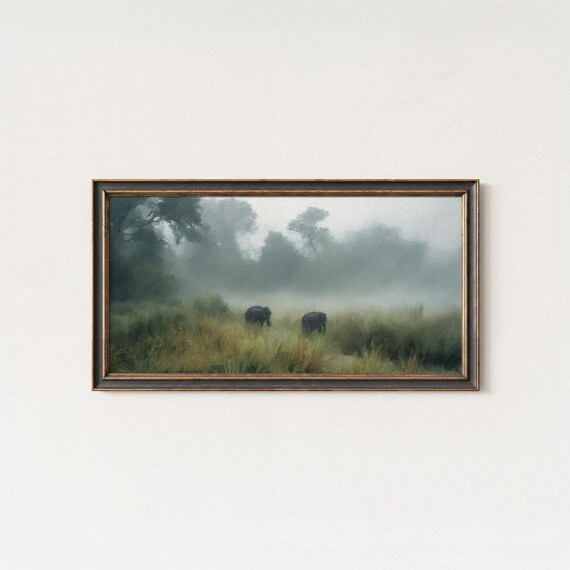 Misty Morning Elephants Grassland Fine Art Wildlife Painting Poster