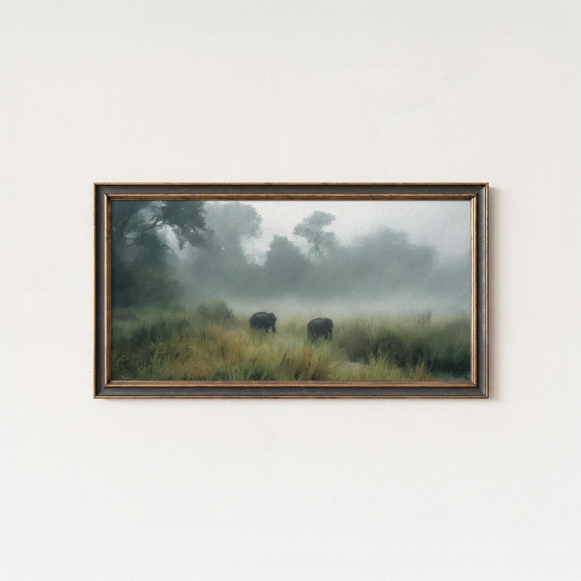 Misty Morning Elephants Grassland Fine Art Wildlife Painting Poster