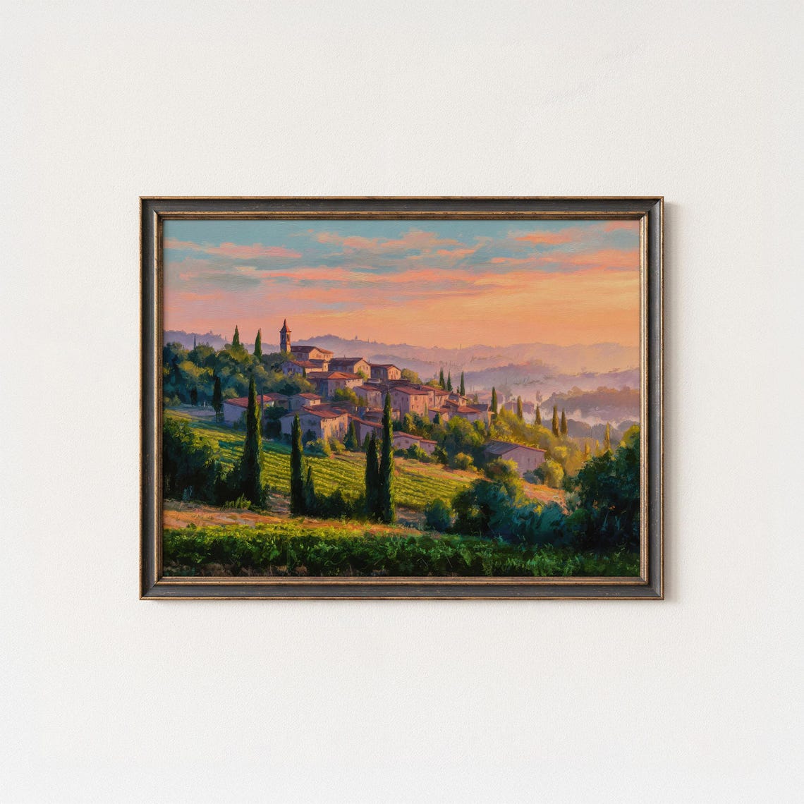 Tuscan Vineyard Sunset Golden Hour Italy Hills Village Art Poster