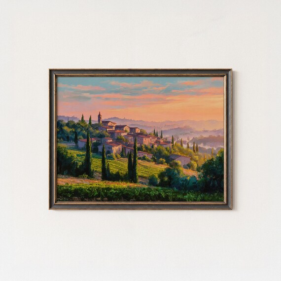 Tuscan Vineyard Sunset Golden Hour Italy Hills Village Art Poster