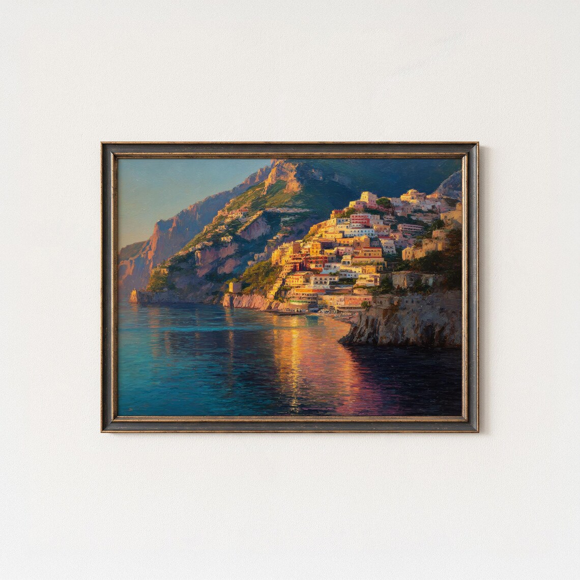 Golden Sunset Cliffside Italian Village Sea Reflection Painting Poster