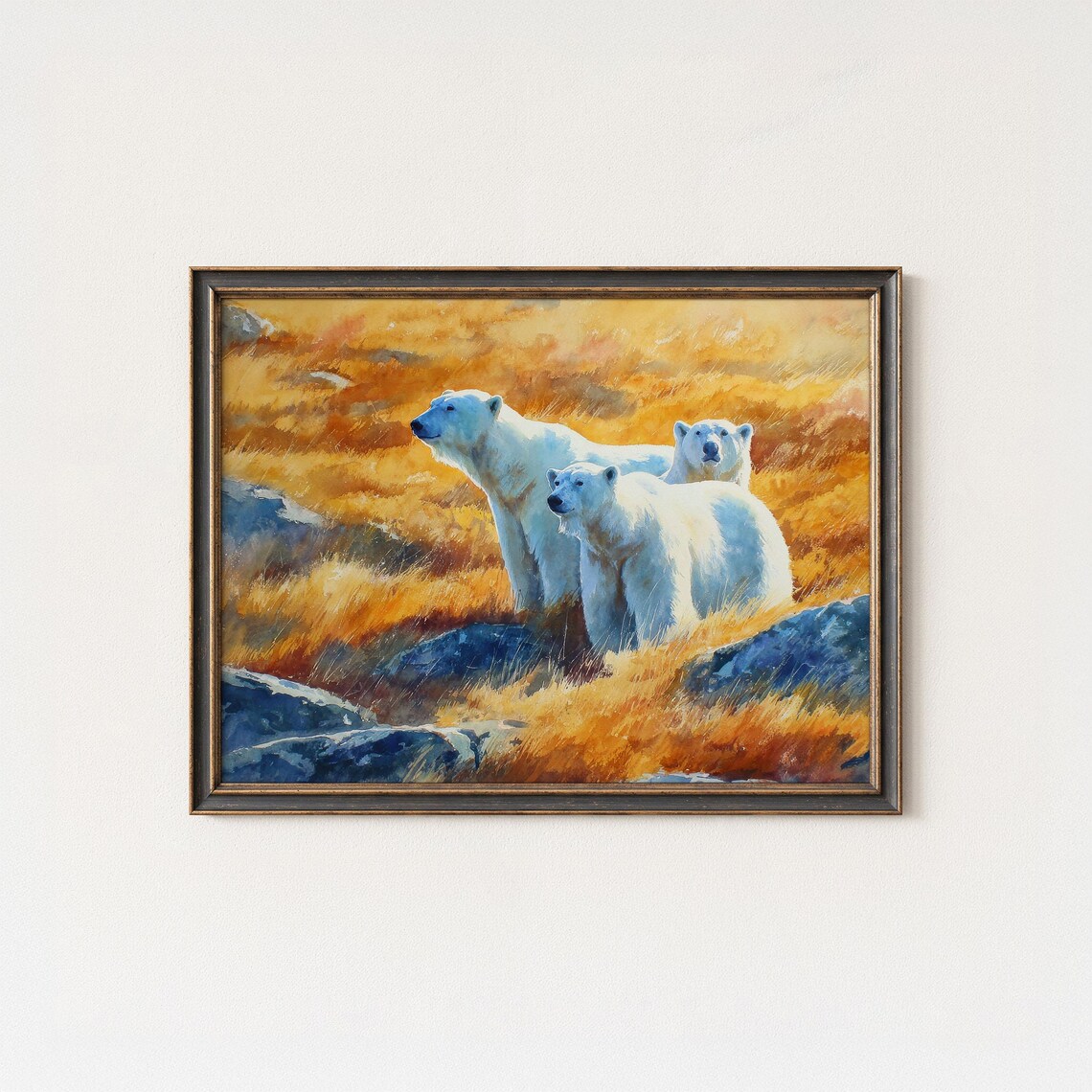 Three Polar Bears Sunset Golden Rocky Grass Arctic Wildlife Print
