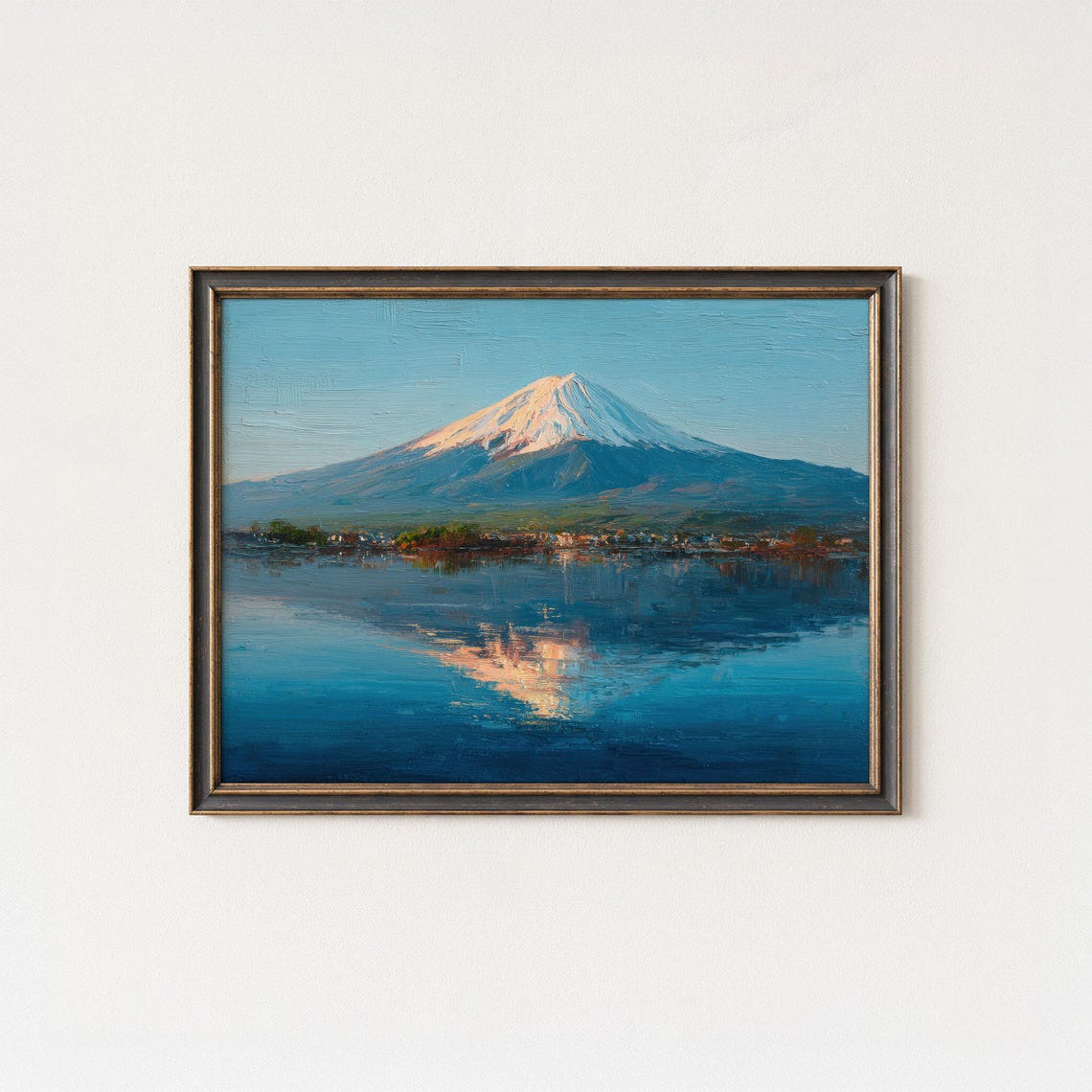 Mount Fuji Snow Capped Peak Mirrored In Calm Lake Oil Painting Print