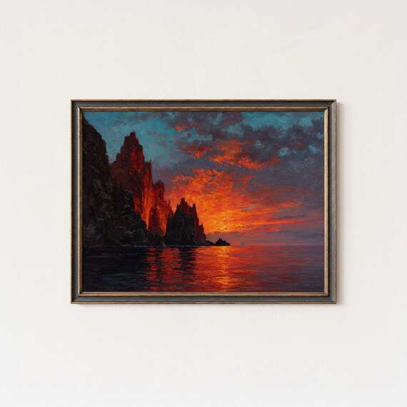 Devils Island Fiery Sunset Cliff Seascape Painting Poster Ocean