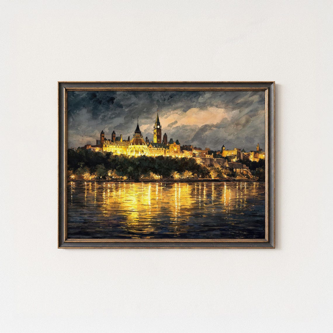 Ottawa Parliament Hill Night River Reflection Landmark Art Poster